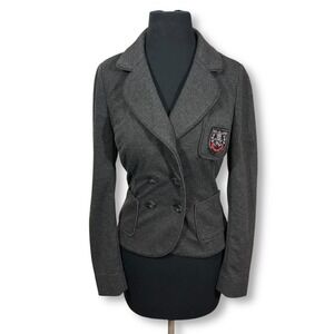 Y2K Juicy Couture School Girl Blazer Jacket Crest Patch Fitted Gray Womens Small